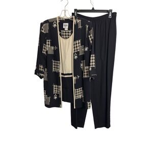 R&M Richards 2 Pc Pant Set Black Cream Gingham Floral Size 8P Vintage USA Made